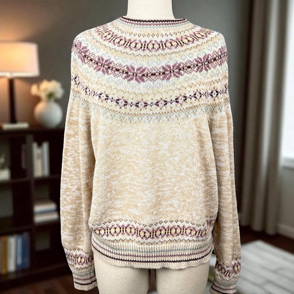 Heirloom Collectibles Fair Isle Sweater Cream Nordic Knit Cottagecore Pullover